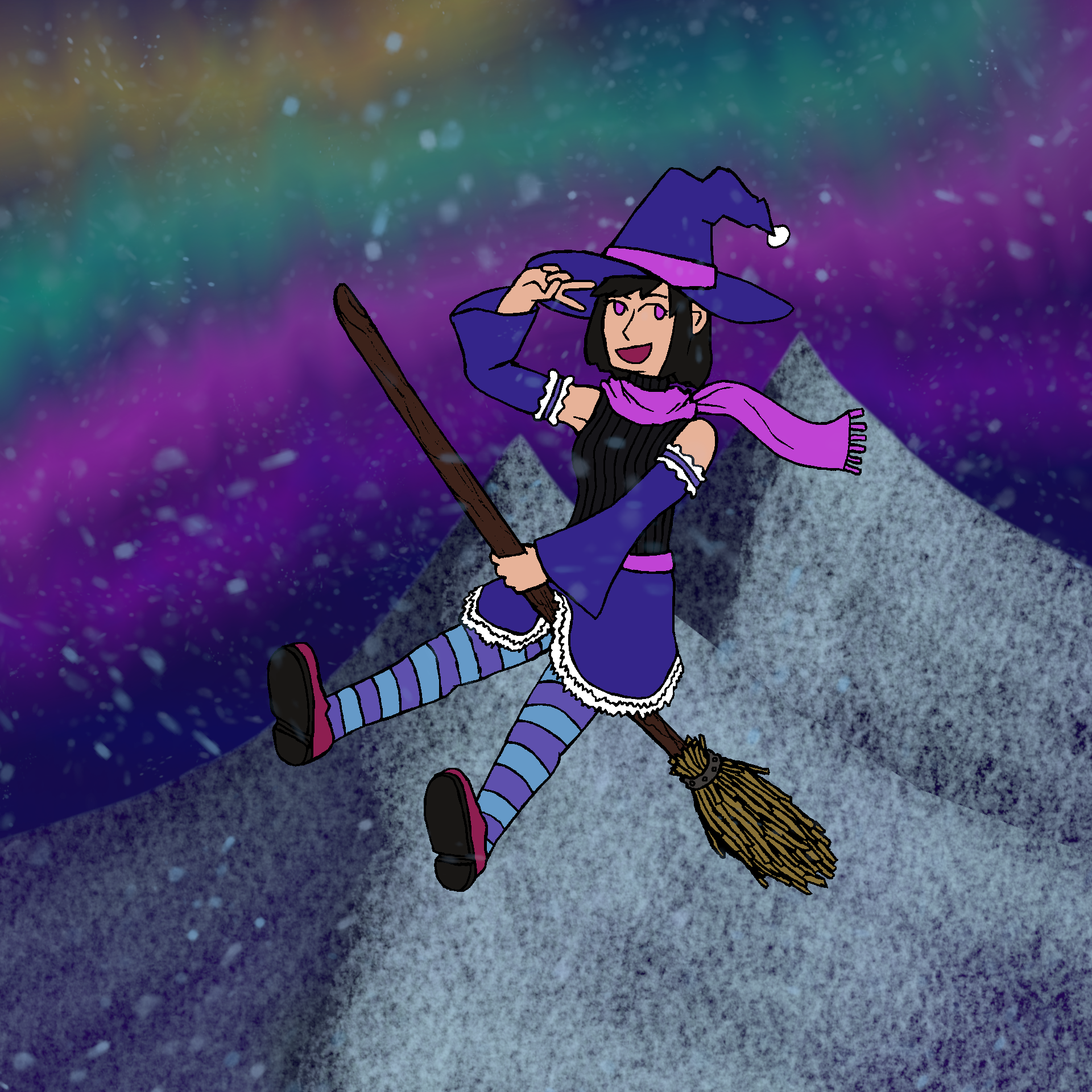 a digital painting depicting a young witch flying by broom over a snowy mountain range in the winter. the witch has neck-length black hair and pink eyes, and is wearing a black sleeveless turtle neck sweater, a pink scarf, dark violet detached sleeves, a dark violet puffy skirt, pale blue and purple striped tights, magenta shoes, and a violet witch hat with a pink ribbon and a white puffball at the tip. she is smiling broadly at the viewer, holding onto her broom with her left hand and holding her right hand up to her face in a peace sign. in the background are two snowcapped mountains, and a colourful aurora is visible in the night sky, with purple pink teal and yellow arcs. snow is flying wildly throughout the frame.